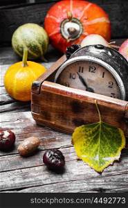Old retro clock,pumpkin and chestnuts in rural style