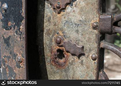Old retro vintage iron door lock closeup