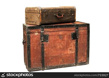 Old retro wooden chest and vintage grunge suitcase isolated on white background