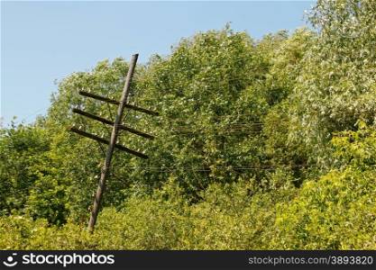 Old rickety wooden telegraph pole with the wire remains against the backdrop of trees in lovely summer day