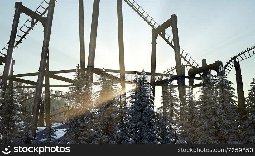 old roller coaster at sunset in forest