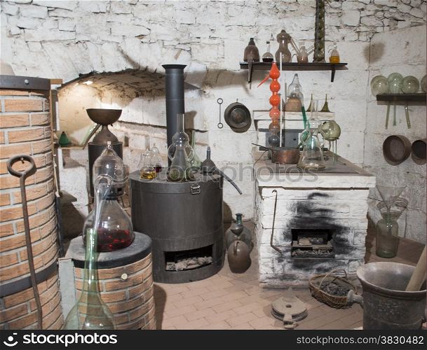 old room from the alchemists with laboratory equipment