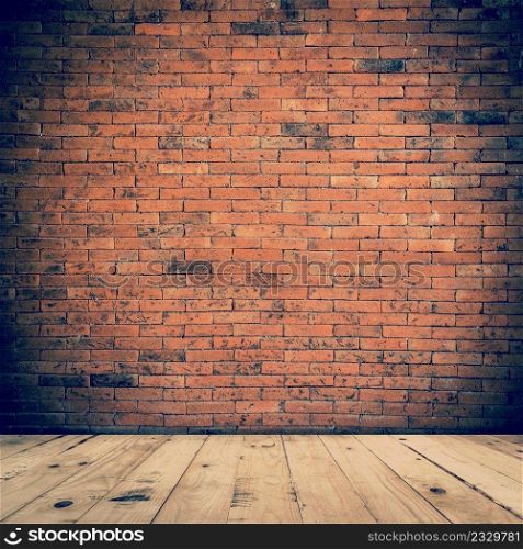 old room interior and brick wall with wood floor, vintage background