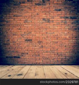 old room interior and brick wall with wood floor, vintage background