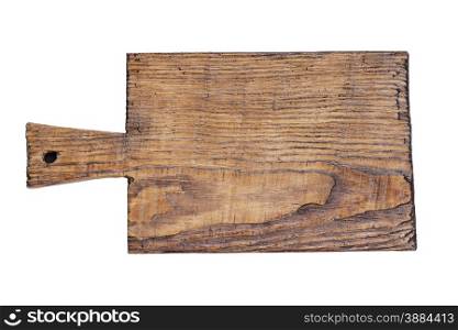 Old rough wooden cutting board on a white background