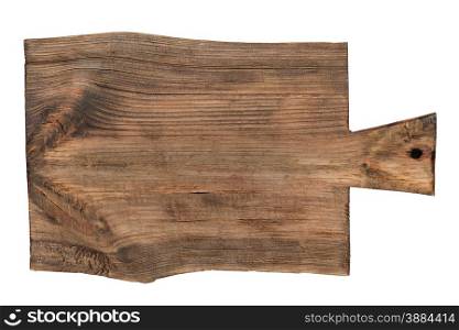 Old rough wooden cutting board with a handle on a white background