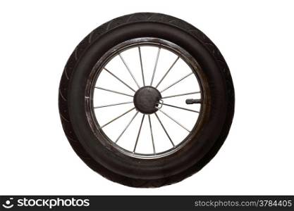 Old rubber wheel of baby pram carriage isolated on white background