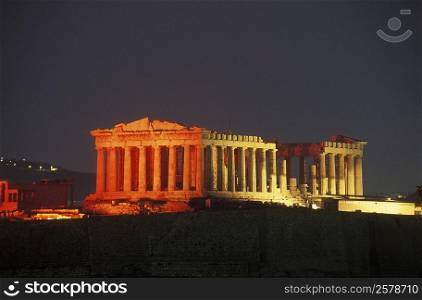 Old ruin colonnades at night, Parthenon, Athens, Greece