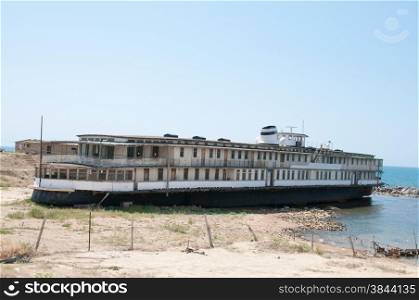 Old ruined passenger ship was aground