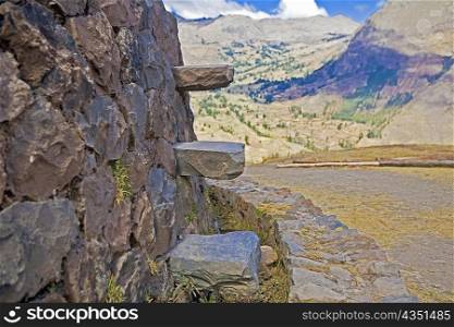 Old ruins of a stone wall, Pisaq, Cuzco, Peru