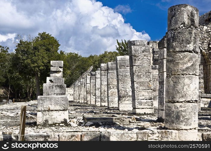 Old ruins of columns, Plaza of the Thousand Columns, Chichen Itza, Yucatan, Mexico