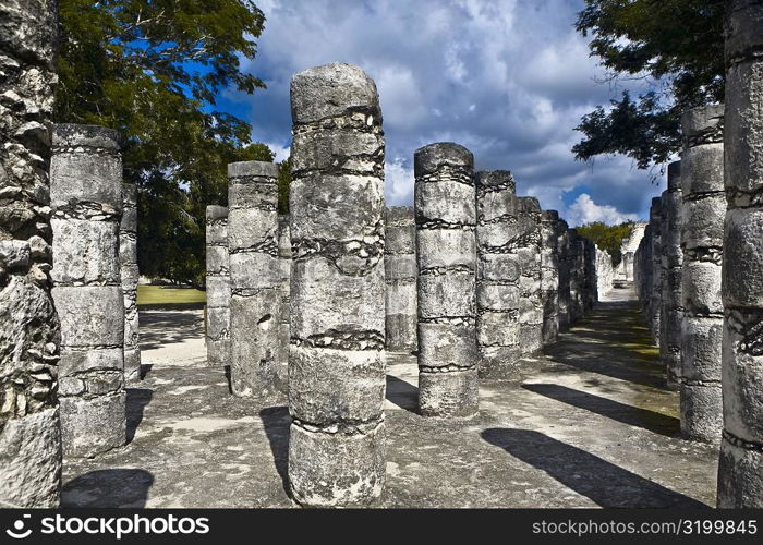 Old ruins of columns, Plaza of the Thousand Columns, Chichen Itza, Yucatan, Mexico