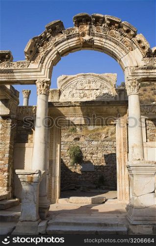 Old ruins of the entrance gate of a temple, Temple of Hadrian, Ephesus, Turkey