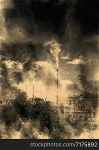Old rural factory with smokestack and heavy smoke, ecological problem concept.