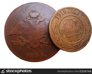 Old russian and soviet coins isolated on the white background
