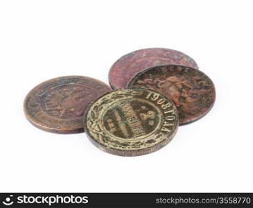Old Russian Imperial coins isolated. 2 kopeck 1908.