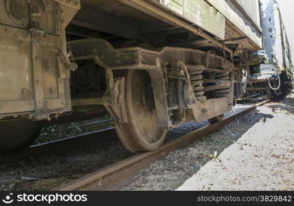 old rusted dirty wheels from train on railroad