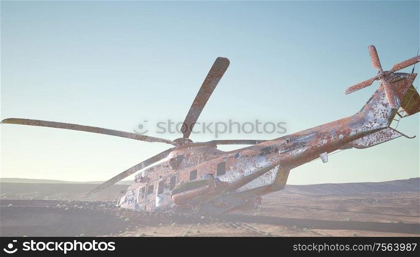 old rusted military helicopter in the desert at sunset