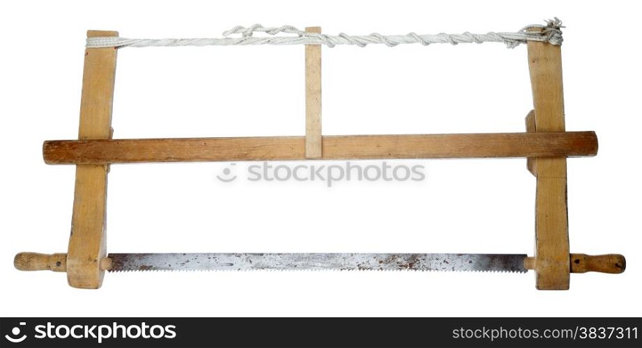 Old rusty hand saw. White background.