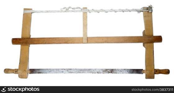 Old rusty hand saw. White background.