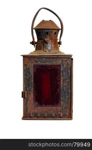 Old rusty lantern. Isolated objects: very old shabby and rusty lantern, with red glass, on white background