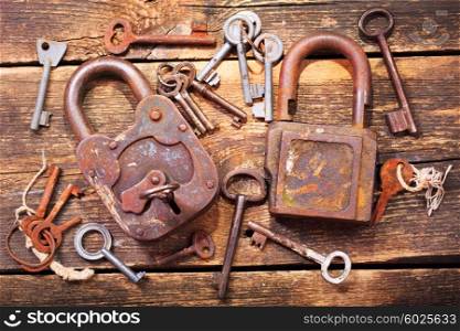 old rusty locks and keys on wooden table
