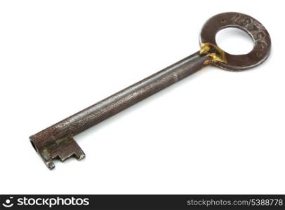 Old rusty safe key isolated on white