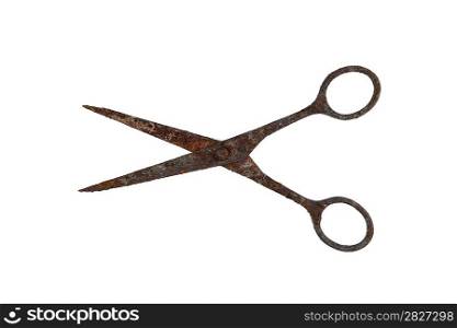 old rusty scissors isolated on white background