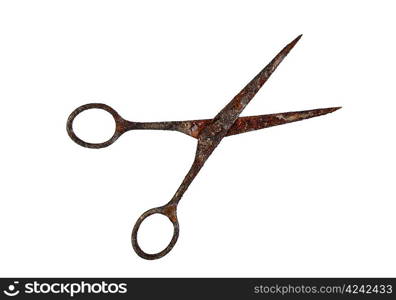 old rusty scissors isolated on white background