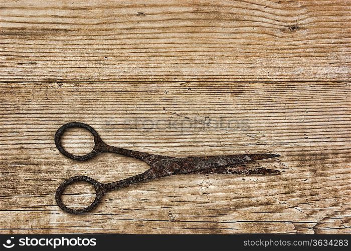 old rusty scissors on the wooden background