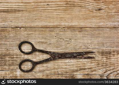 old rusty scissors on the wooden background