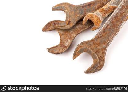 old rusty spanners isolated on white background