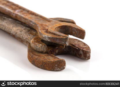 old rusty spanners isolated on white background