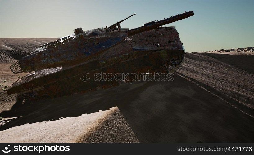 old rusty tank in the desert at sunset. Old Rusty Tank in Desert