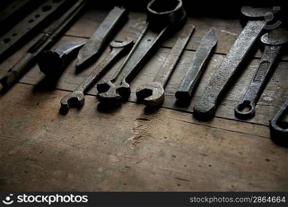 Old rusty tools on a table