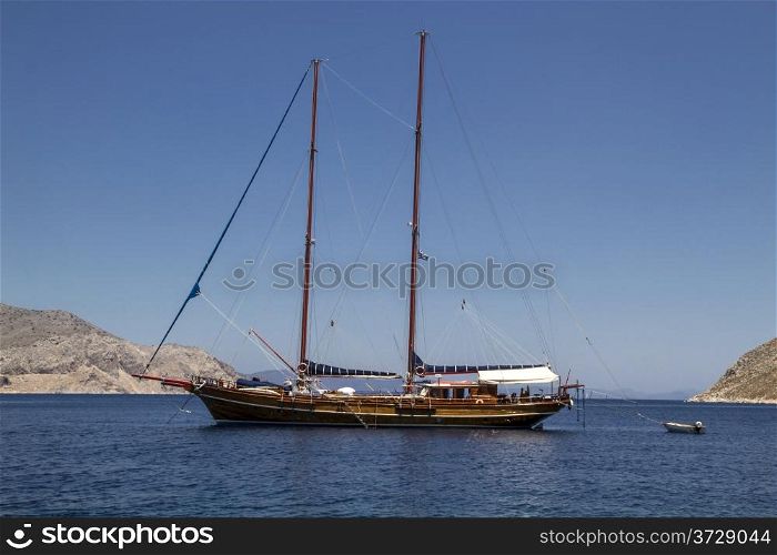 Old sailing boat in Lindos village, Rhodes, Greece