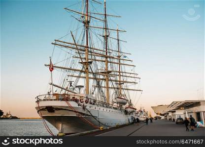 old sailing ship, frigate at anchor in the port of Gdynia, Poland. old sailing ship, frigate at anchor in the port