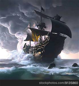 Old sailing ship in a stormy sea . AI≥≠rated