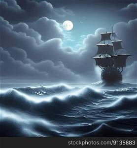 Old sailing ship in a stormy sea under  the moon light. AI generated