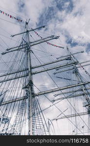 Old sailing ship mast. Tall ship rigging detail. Masts and rigging of a sailing ship