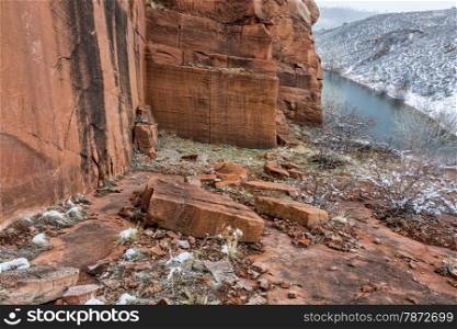 Old sandstone quarry on the shore of Horesetooth Reservoir near Fort Collins, Colorado, winter scenery