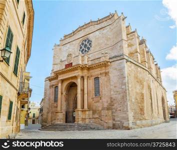 Old Santa Maria Cathedral at Ciutadella, Menorca island, Spain. It was being built between 1300 and 1362. The main facade in neo-classic style was constructed in 1813.