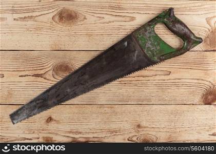 old saw on wooden background. carpentry tools on a wooden background