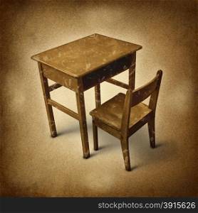 Old school desk symbol of education and learning in simpler times as a bigone old fashined era with vintage wooden student furniture on a dirty background.