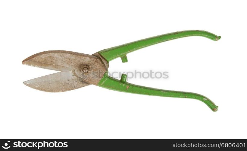 Old scissors for tin-plate, isolated on white