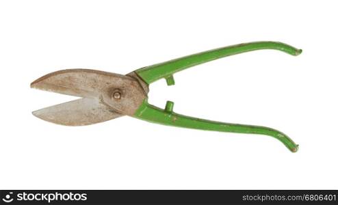 Old scissors for tin-plate, isolated on white