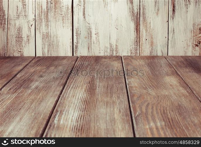 Old shabby white wooden wall and gray floor for design. Old shabby wooden wall