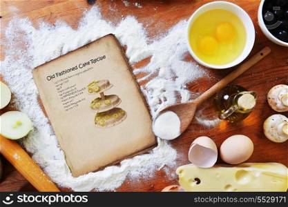 old sheet and flour on wooden background&#xA;