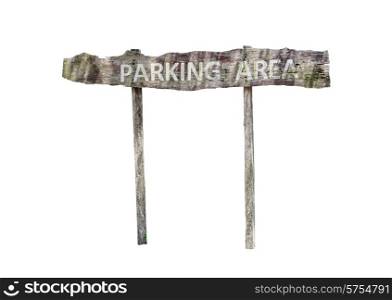 Old signboard with the inscription, parking area, isolated on a white background
