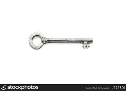 Old silver key, closeup, isolated on white background